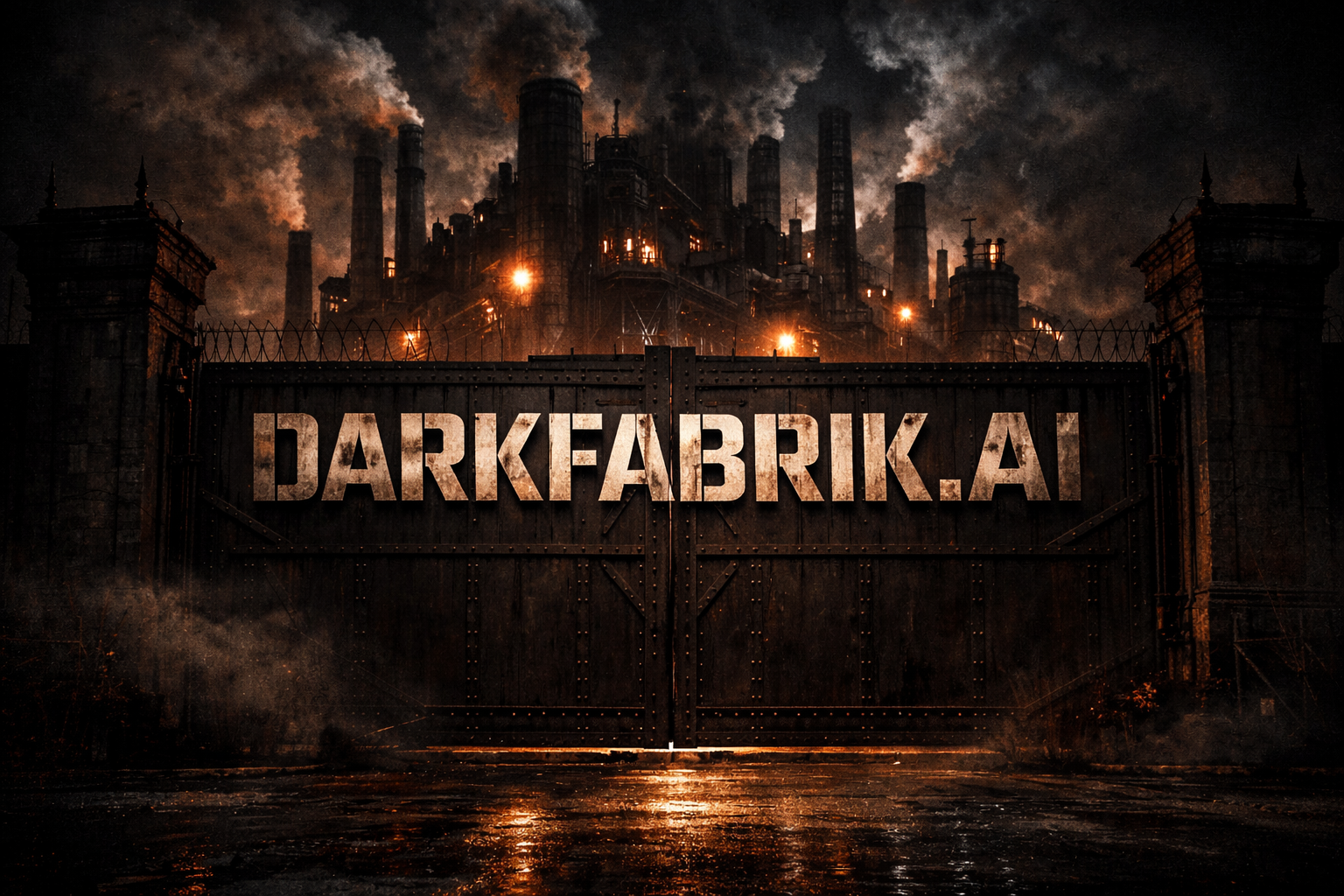 Dark industrial factory gate with DARKFABRIK.AI on the front